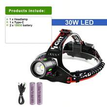 The Most Powerful 30W LED Rechargeable Flashlight LED Headlamp Camping Headlamp Strong Light Using 18650 Battery Hunting Headlamp Hiking Front Lantern, Camping Accessories