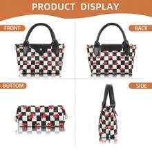 Czarno-biała torba w kratkę z regulowanym paskiem na ramię i nadrukiem wiśniowym – torba na ramię z wieloma kieszeniami, idealna do dojazdów do pracy, idealny prezent dla przyjaciół i rodziny