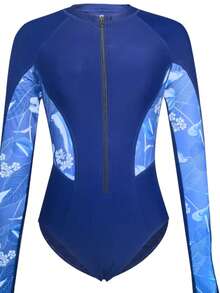 1pc Contrast Tropical Print One-Piece Swimsuit For Women, Casual Sports Swimming Surfing Suit, For Summer Beach Vacation