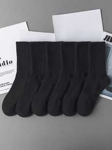 6 Pairs Kids Unisex Black High Elastic Sports Solid Color Mid-Calf Socks, Student Socks, Autumn/Winter - Black - View 8