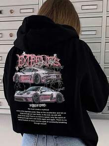 Mujer003-1 Sudadera de mujer Almacén local en México  invierno sudadera de manga larga cómoda suave Sudadera con capucha negra, estampado de dos coches deportivos y texto inspirador sobre superar límites y alcanzar la cima - Negro - Ver 1