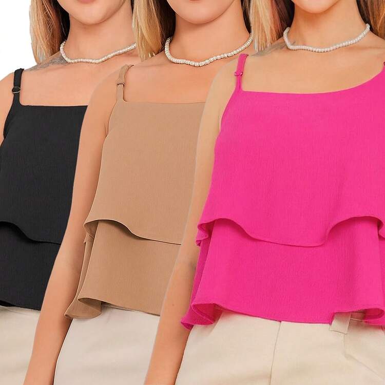 Duna Summer Fashion Comfortable 3-Piece Tank Top With 2 Ruffles - Negro, rosa, nude - Añade 6