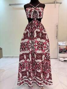 Women's Strapless Maxi Dress In Woven Fabric With Intricate Print And Slight Stretch For A Chic Summer Style - Hot Pink - View 1