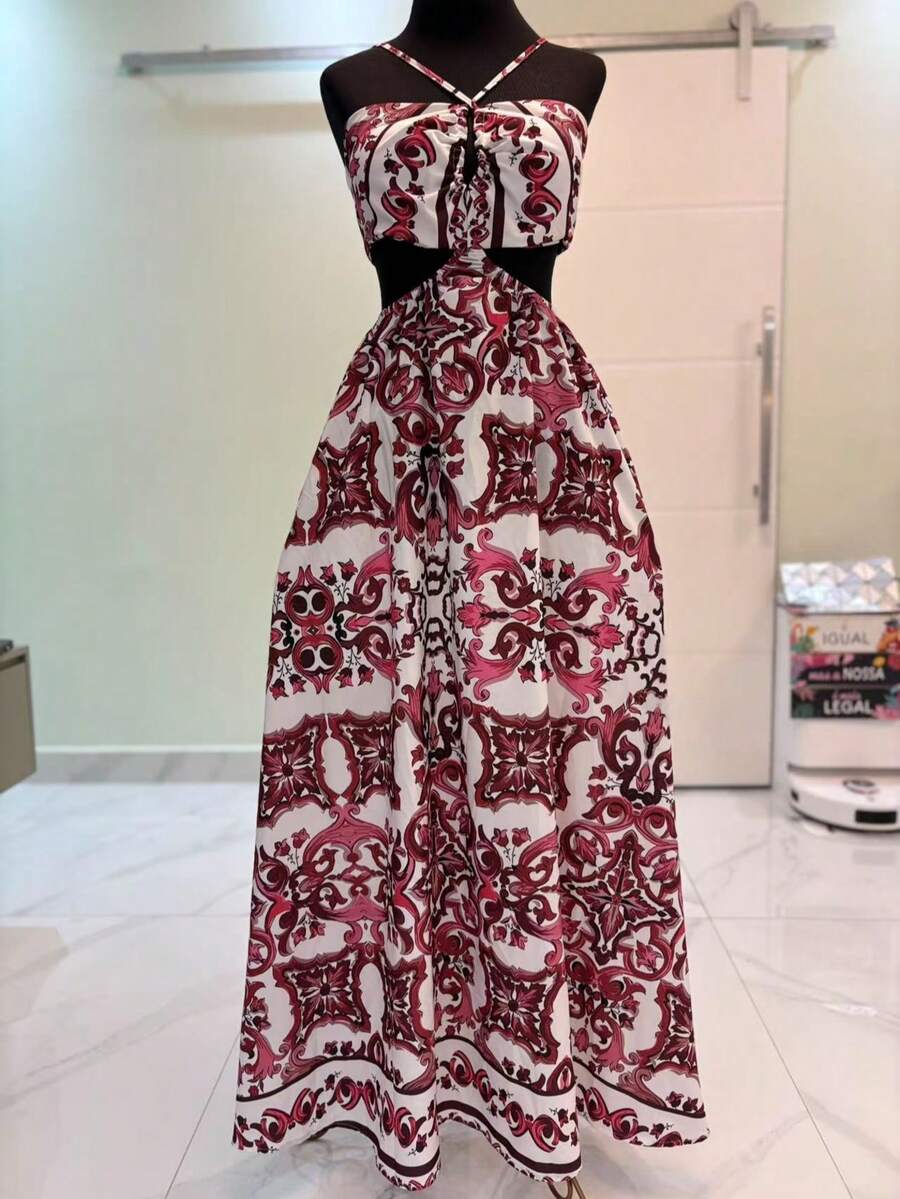 Women's Strapless Maxi Dress In Woven Fabric With Intricate Print And Slight Stretch For A Chic Summer Style - Hot Pink - View 1