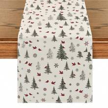 Christmas Pine Tree Table Runner - Polyester Woven Rectangular Table Decor With Holly Berries And Merry Christmas Greeting For Home And Party Seasonal Kitchen Dining Decoration