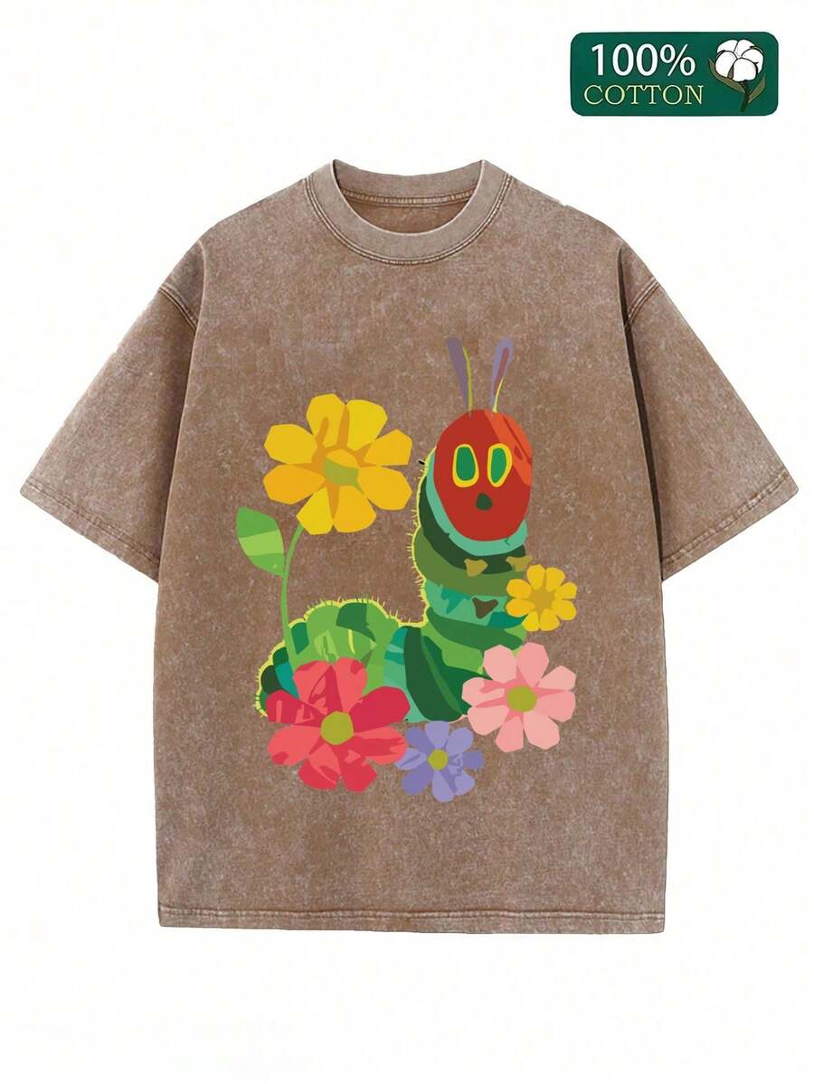 The Very Hungry Caterpillar Flower Graphic Washed T-Shirt Crew Neck Short Sleeve, Summer Graphic Tees, 230 Grams Heavyweight Casual - 棕色 - 查看 1