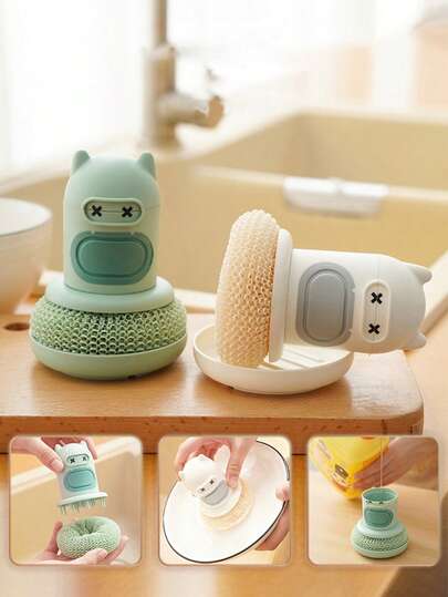 1pc Automatic Liquid Dispenser Dish Brush With Long Handle - No Electricity Needed, Cute Cat Design, Steel Scrubber & Durable Plastic For Pot Cleaning, Kitchen Cleaning Tool, Dishwashing, Effective Decontamination