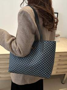 复古字母印花单肩手提包，大容量单肩包，通勤必备，母亲节礼物 - 黑色 - 查看 5