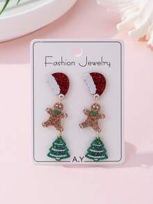 1 par de pendientes de joyería de moda con diseños de gorro de Papá Noel brillante, hombre de jengibre y árbol de Navidad, regalo perfecto para fiestas navideñas