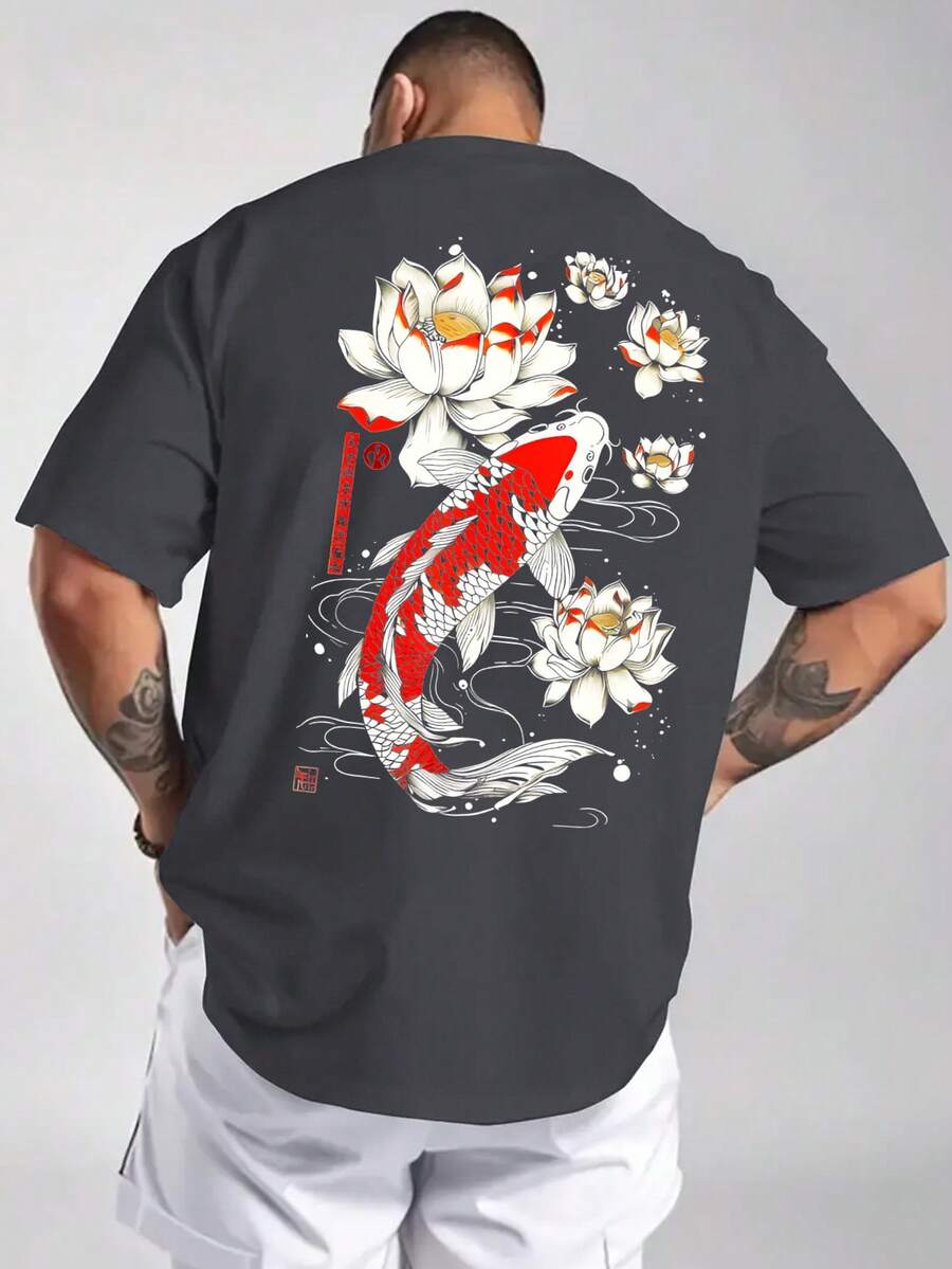 Herren Große Größen Sommer T-Shirt mit Koi Fisch- und Lotus Blumen Muster, Rundhals, Kurzarm, Lässig - Grau - Übersicht 1