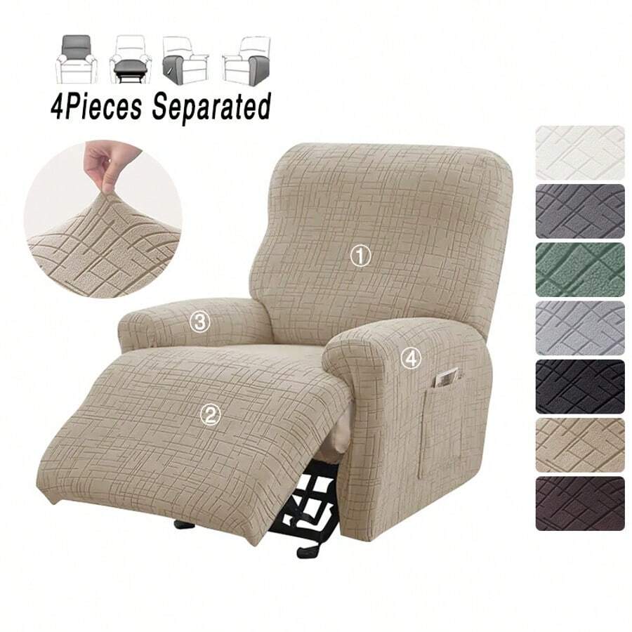 Capa reclinável jacquard dividida com 4 peças/conjunto, elástica, cor sólida, para sofá individual, capa elástica, relaxante, reclinável, capa para poltrona de 1 lugar