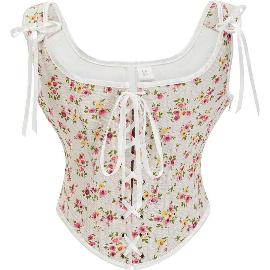 Women's Waist Cincher Bustier Boned Corset With Design In 2025 - Yellow & Pink Floral - View 1