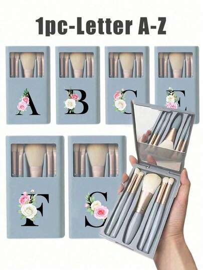 5件套便携式化妆刷套装，带镜子，玫瑰花和A-Z字母设计，盒装化妆刷套装，多功能化妆刷套装（带镜盒），迷你多功能化妆笔，粉底刷，眼影刷，基础化妆工具遮瑕刷。化妆刷收纳盒包含化妆刷，方便实用，是送给女孩的理想礼物，便携式旅行必备品，感恩节礼物。