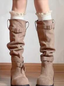 1双女士新款简约纯色蕾丝边象牙色袜子，可搭配靴子，学院风日系时尚麻花针织纹理芭蕾舞腿套及膝袜，舒适袜子 - 白色 - 查看 3