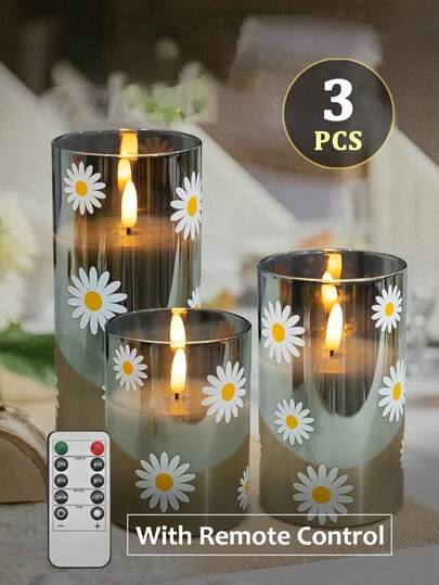 3pcs Flameless Candle Lights With Timer/Remote Control, Battery Operated Candles, Daisy Flower Print LED Candle Lights, Romantic Atmosphere Decoration Lights For Holidays, Smokeless Electronic LED Candles, Acrylic Desktop Decor, Suitable For Christmas, Halloween, Valentine's Day, Home, Wedding, Birthday, Company Party