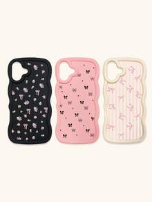 Black White Pink Bowknot Fashion Phone Cases 3pcs Dopamine Themed Wavy Edge Bowknot Pattern Phone Cases Compatible With IPhone & Galaxy Phones Spring Gift - Multicolor - View 47