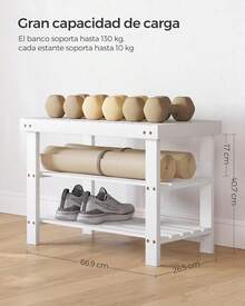SONGMICS Banco Zapatero, Organizador para Zapatos de Bambú, 28.x 70.1 x 45.3, para Sala de Estar, Dormitorio, Blanco MLBS004W01 - Marrón - Ver 8