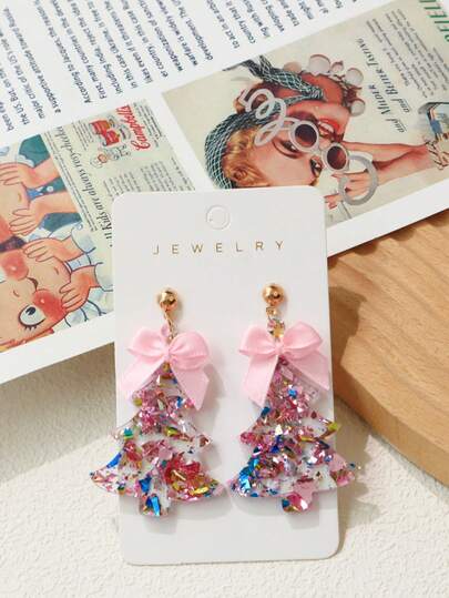 1 Pair Christmas Autumn/Winter Atmosphere Bling Bling Sweet Pink Bow Sequin Christmas Tree Earrings, Elegant Christmas Tree Earrings With Pink Sequins, Holiday Gift For Women Party Earrings