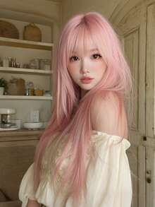 30 英寸粉色长层次直发假发，适合女士 - 优雅的刘海假发 - 深色发根，自然蓬松，非常柔软的合成耐热纤维全机发假发，适合女孩日常、音乐节派对、角色扮演动漫使用、送给朋友的礼物 - 粉色 - 查看 5