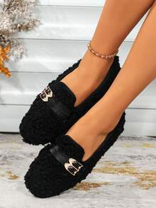 Black Faux Fur Loafers, Metal Double Buckle Decor Handmade Warm Slip-On Shoes, Retro Style, Comfortable Indoor Slippers For Women, Autumn/Winter - Black - View 7