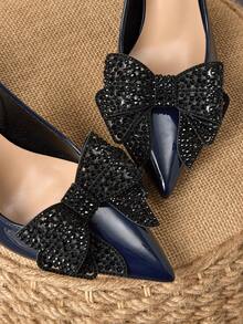 1 Pair Rhinestone Bowknot Shoe Clips, Glamorous Detachable Shoe Flower Elastic Foldable Decorative Clips, Suitable For Weddings, Parties, Galas, Versatile For High Heels, Flats, Bags - Black - View 4