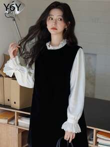 [Y6Y] 女士优雅中长款A字无袖连衣裙，圆领，梭织面料，无弹力，休闲风格，可搭配衬衫