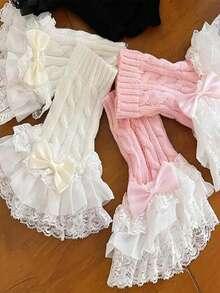 1 pieza Duradera y suave al tacto, estas mangas con lazo de encaje están adornadas con ribete de encaje y lazos. Perfectas para combinar con un vestido dulce para citas o fiestas.