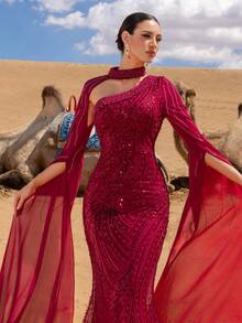 Faeriesty 奢华珠饰亮片晚礼服，超长袖鱼尾裙摆设计，完美适用于红毯活动、奢华婚礼、私人派对或星空之夜派对，亦可作为圣诞节派对的配套服装，尽显优雅气质。 - 酒紅色 - 查看 5