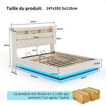 Bed 140 X 190 Cm/ 160 X 200 Cm With LED And USB - Headboard With Reading Lamp - Hydraulic Bed With Storage Space Under The Bed - Beige - PU - 查看 6