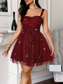 Unadoll Women's Camisole Pleated Bow Design With Sparkling Fabric Zipper Short Dress, Suitable For Dress For Wedding,Christmas , Party, Cocktail Party Dresses