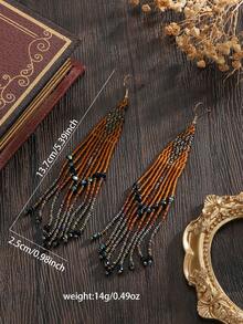 2 piezas Pendientes de borla con cuentas bohemios hechos a mano, estilo vintage, con patrón geométrico de diamante de color oscuro, con borlas oscilantes, decorados con cristales artificiales, accesorios elegantes y de moda adecuados para mujeres, vacaciones, fiestas, uso diario casual, gran idea de regalo
