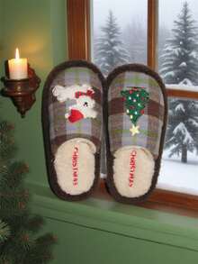 XIXITIAO 1 para uroczych haftowanych kapci z motywem szczeniaka i choinki, wygodnych płaskich, lekkich, antypoślizgowych, miękkich pluszowych kapci, odpowiednich do noszenia w domu i na imprezach - Niebieski - Zobacz 5