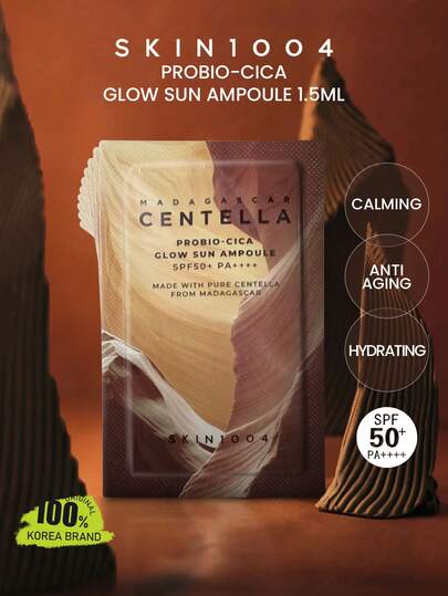 SKIN1004 Pliculeț cu fiolă Probio-Cica Glow Sun și extract de Centella de Madagascar 1,5 ml/0,05 fl. oz*10, SPF50+ PA++++. Protejează împotriva arsurilor solare și a îmbătrânirii, iluminează pielea și reduce petele întunecate, uniformizează nuanța pielii, poate fi folosit sub machiaj, ușoară și confortabilă la atingere, formulă delicată, potrivită pentru pielea sensibilă, pliculeț de dimensiuni reduse.