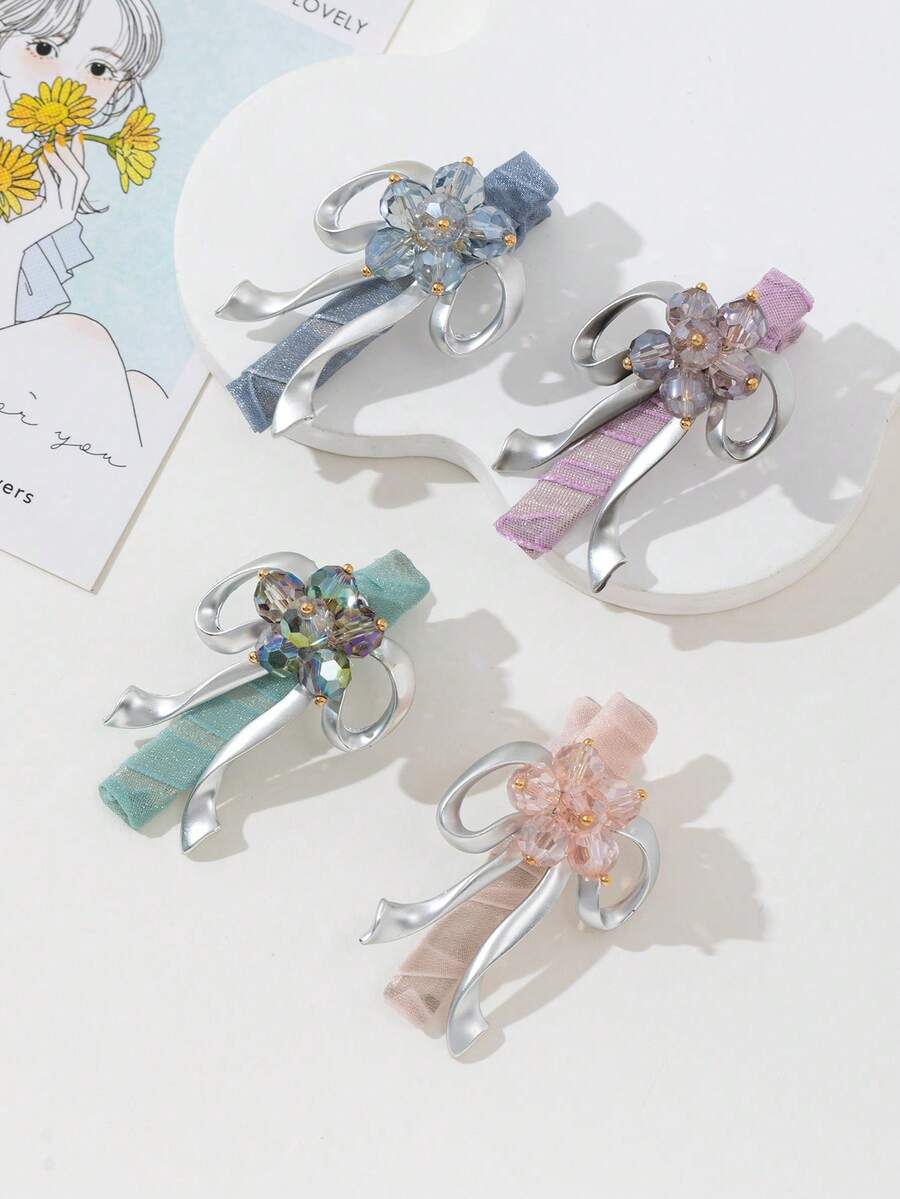 1pc Cute Crystal Bow Hair Clip, Multi-Color Rhinestone Decor Ribbon Accent Hair Accessory, Suitable For Daily Wear, Holidays, Dates, Gifts, Looks Of Party, Claw Clips