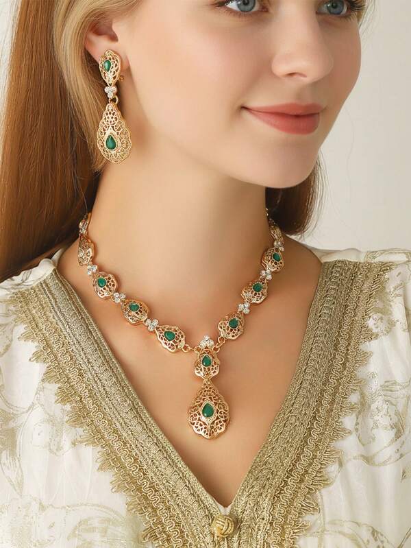 1 Set Gold-Plated Necklace & Earring Jewelry Set, Middle Eastern Arabic Floral Pattern Classic Teardrop Pendant Necklace, Luxury Wedding Jewelry, Moroccan Fashionable Style, Bridal Bridesmaid Wedding Gold Necklace Decor