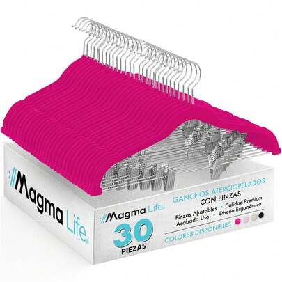 MAGMA LIFE MAGMALIFE Set de 30 Ganchos de Terciopelo Fucsia con Pinza Ajustable, 42 cm, Ganchos Antideslizantes y Resistentes, con Gancho Giratorio, Ideal para Pantalones, Faldas, Jeans y Camisas