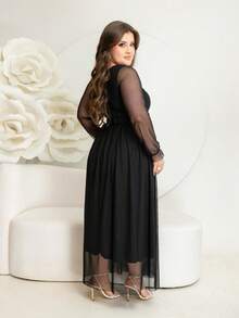 Long Tulle Dress, Plain Fabric, With Belt, Wedding, Holiday - 黑色 - 查看 2