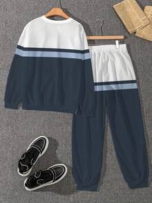 男士休闲条纹印花卫衣和运动裤套装（2件套），“MILANO”字母印花涤纶运动服 - 彩色 - 查看 4