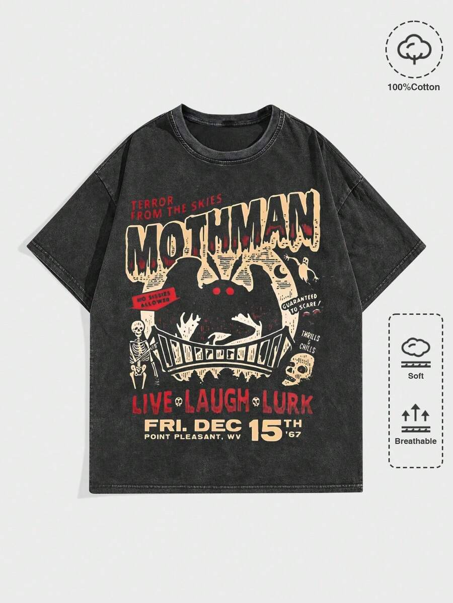 EWH Men's T-Shirt, Unisex Mothman "Live Laugh Lurk" Graphic Vintage Washed Cotton Tee DG004 - 黑色 - 查看 1