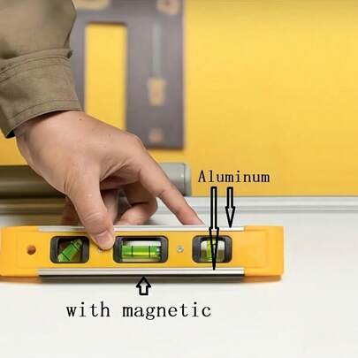 1pc 3-In-1 Magnetic Level, With Easy-To-Read Yellow Metal Pointer, Heavy-Duty Acrylic Structure And Magnetic Base - Professional Precision Level Tool With Bubble Level, Vertical Line And 360° Rotating Head, Suitable For Construction, Woodworking, Photography, Measuring - Ready-To-Use, Durable And Portable Level