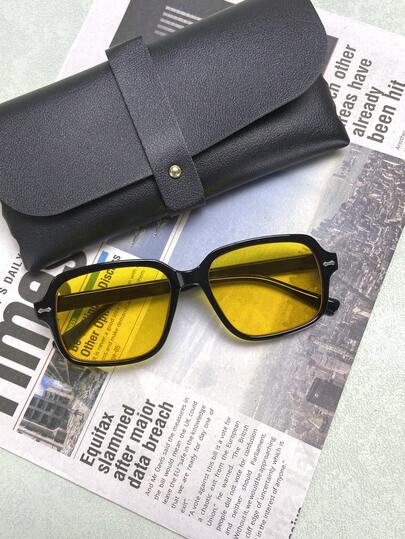 1pc Men's New European And American Full Frame Decorative Glasses, Personalized Square Frame Yellow Lens PC Frame With Leather Case, Fashionable Glasses Suitable For Vacation, Party, Driving