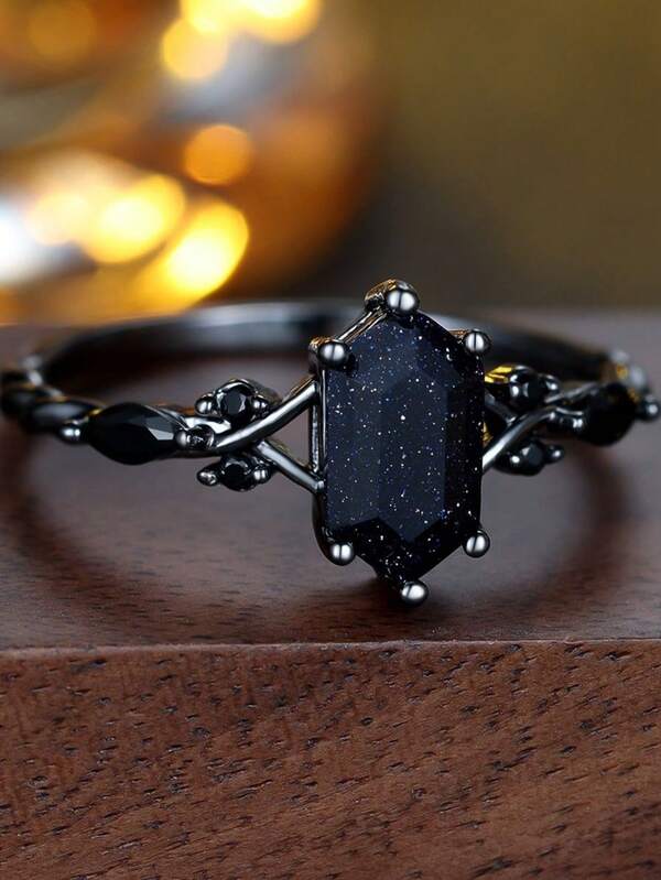 Geometric Stone Blue Crystal Black Zirconia Rings For Women Vintage Black Metal Engagement Bands Wedding Jewelry Bridal Party Gift