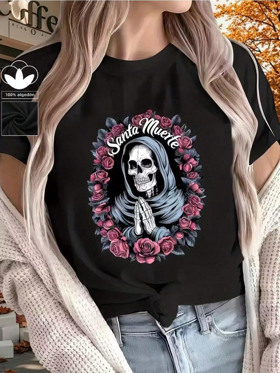Camiseta de mujer 100% algodón con estampado gráfico de calavera. Es informal y elegante, perfecta para un fin de semana informal y cómodo, para ver una película en casa o hacer un picnic al aire libre. - Negro - Ver 1