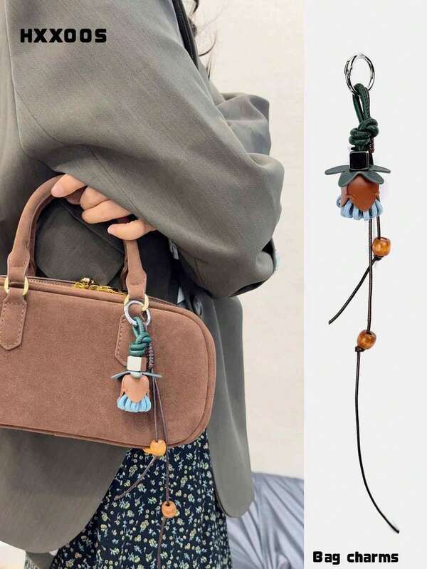 HXXOOS 1pc Y2K Handmade Flower Bag Charm Keychain, PU Braided Flower + Long Tassel, INS Vintage Niche Style, Versatile For Tote/Crossbody/Backpack, Detachable Metal Clasp, Great For Commuting/School/Outings, Suitable For Stylish Women, Also Works As A Car Charm