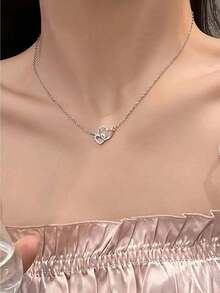 Collar de cadena de clavícula en forma de corazón entrelazado de plata esterlina, con diseño elegante y único, estilo exquisito y simple, versátil para la  femenina. - Collar de clavícula de plata de ley con corazón entrelazado - Ver 4