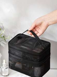 1 pezzo Borsa da trucco da viaggio a doppio strato, borsa portaoggetti multifunzionale con rete, borsa portacosmetici di grande capacità, accessori da viaggio, borsa cosmetici portatile, borsa da trucco da donna portatile, necessità da viaggio