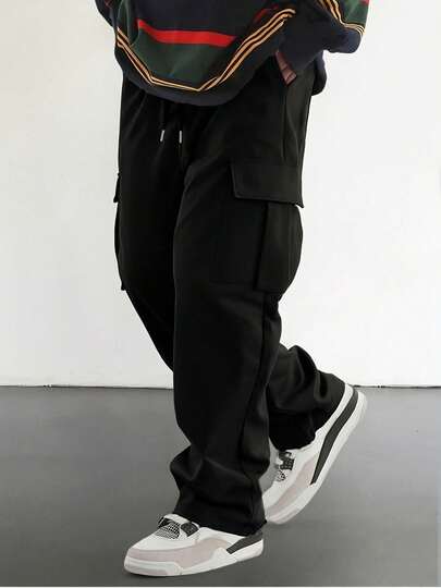 Pantalones cargo de corte holgado para hombres con bolsillos y cintura con cordón, pantalones rectos de unicolor casuales, adecuados como regalo para el esposo o novio