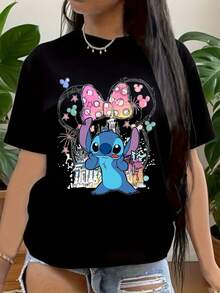 T-Shirt,  Stitch And Lilo Print T-Shirt, Disneyland Shirt, Stitch And Friends Shirt,  Cartoon Character Tee Suitable For Birthday Gifts, Ideal For Daily Activities, Holiday Party, Sports And Travel, 220g - màu đen - Xem 1