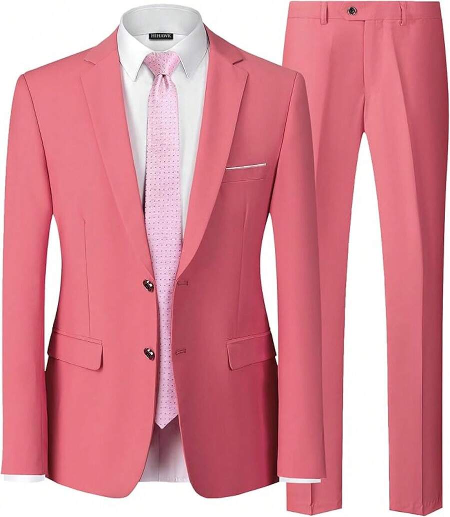 Traje de 2 piezas para hombre Hihawk, conjunto de pantalones sólidos de 2 botones, FGLB Navidad - Rosa - Ver 1