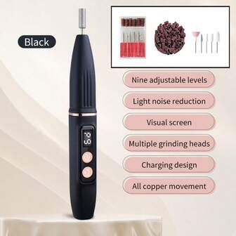 电动美甲打磨套装，便携式美甲抛光机，包含多个打磨头，适用于亚克力凝胶美甲，美甲护理工具，配有美甲钻头，300mAh电池容量，持久耐用，9档速度调节，带显示屏，节日礼物